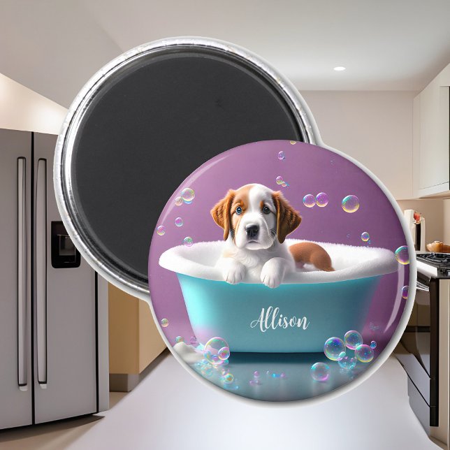 Cute puppy in a bathtub with soap bubbles magnet (Creator Uploaded)