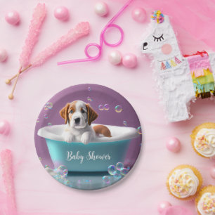 Cute puppy in a bathtub with soap bubbles paper plate