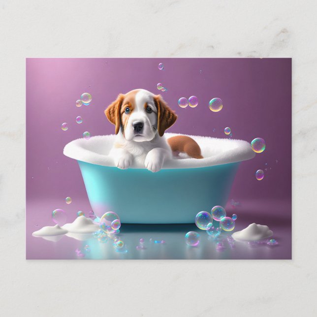 Cute puppy in a bathtub with soap bubbles postcard (Front)