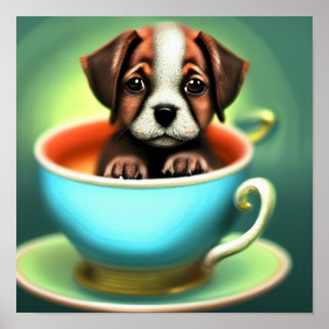 Cute Puppy in a Teacup Poster (Front)