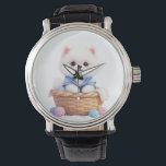 Cute Puppy in Basket eWatch Watch<br><div class="desc">An adorable fluffy puppy sitting in a basket wearing a cute blue outfit. A soft and charming design perfect for dog lovers and kawaii fans.</div>