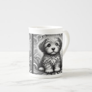 Cute puppy in black and white bone china mug