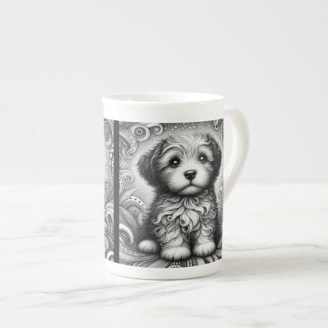 Cute puppy in black and white bone china mug (Front Right)