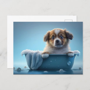 Cute Puppy in Blue Bath Tub Postcard