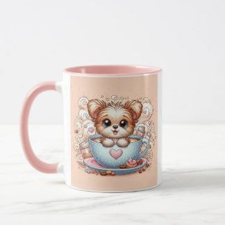Cute Puppy in Coffee Cup with Hearts
