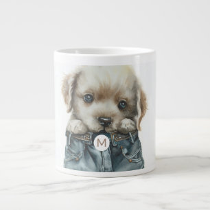 Cute Puppy in Jeans Art Monogram Large Coffee Mug
