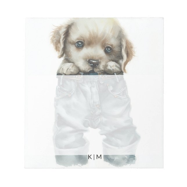 Cute Puppy in Jeans Art Monogram Notepad (Front)