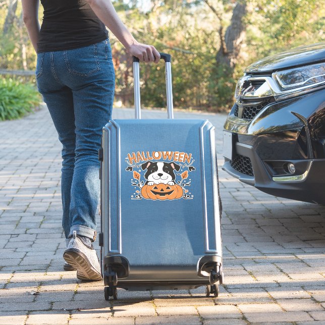 Cute Puppy in Pumpkin � Halloween Dog Illustration (Suitcase Insitu)