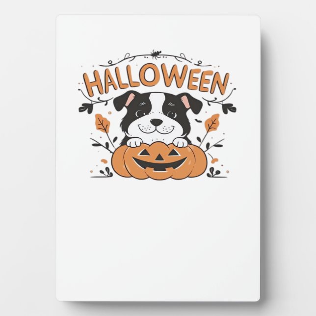Cute Puppy in Pumpkin � Halloween Dog Illustration Plaque (Front)