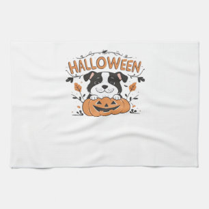 Cute Puppy in Pumpkin � Halloween Dog Illustration Tea Towel