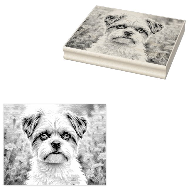 Cute puppy in the flowers rubber stamp (Stamped)