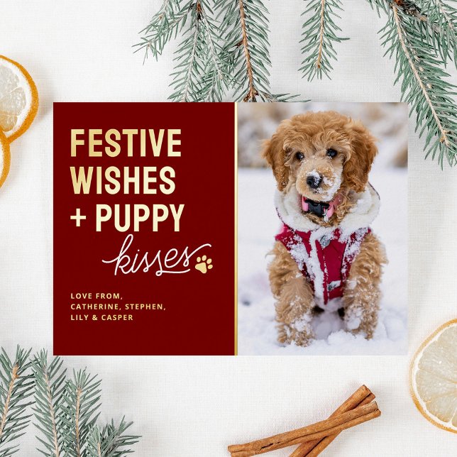 Cute Puppy Kisses Christmas Foil Holiday Card (Creator Uploaded)