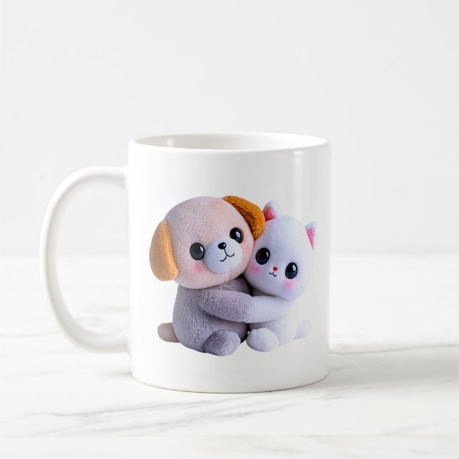 Cute Puppy Kitten Hug Coffee Mug (Left)