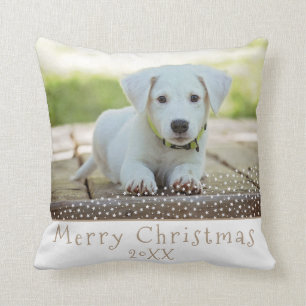 Cute Puppy Merry Christmas Custom Holiday Photo Cushion