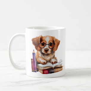 Cute Puppy on Books with Glasses Coffee Mug