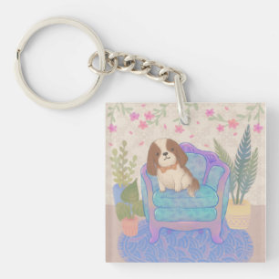 Cute Puppy on Vintage Armchair Illustration Key Ring