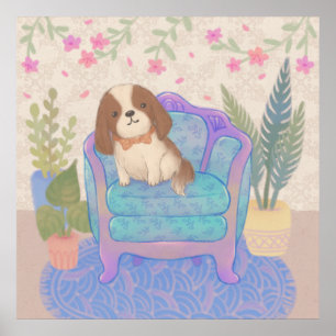 Cute Puppy on Vintage Armchair Illustration Poster
