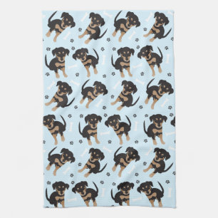 Cute Puppy Paw Print Dog Bone Pattern Blue Tea Towel