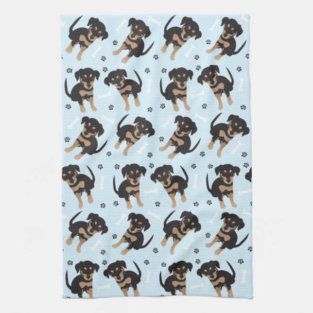 Cute Puppy Paw Print Dog Bone Pattern Blue Tea Towel (Vertical)