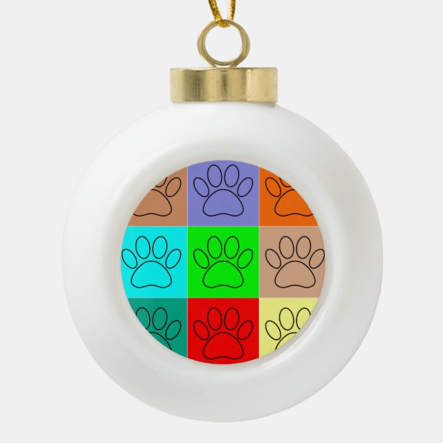 Cute Puppy Paws In Squares Ceramic Ball Christmas Ornament (Front)
