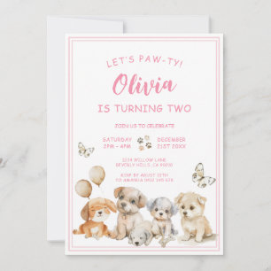 Cute Puppy Pawty Dog Pink Girl Birthday Party Invitation