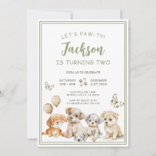 Cute Puppy Pawty Dog Sage Green Boy Birthday Party Invitation