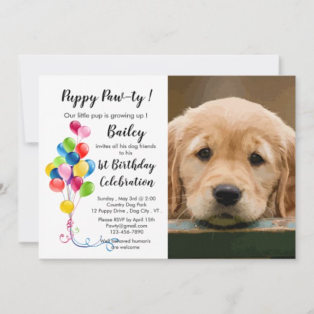 Cute Puppy Pawty - Pet Photo Puppy Birthday Party Invitation (Front)