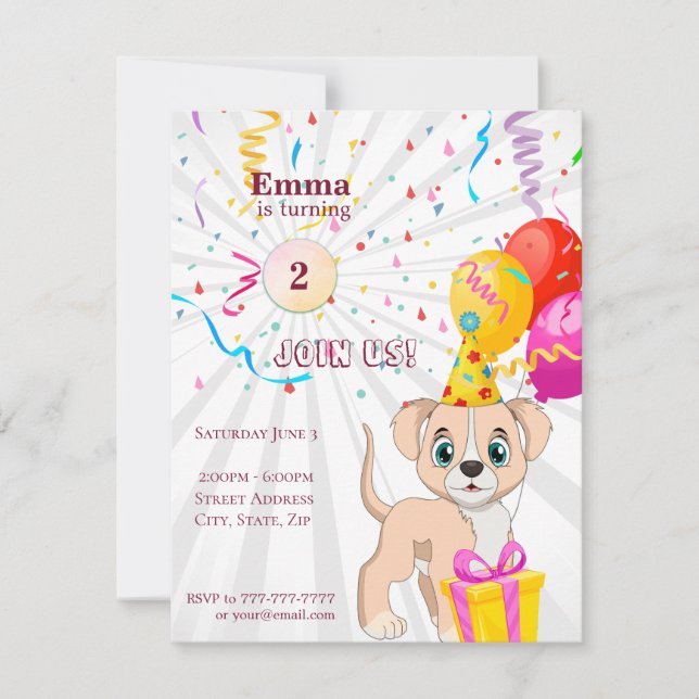 Cute Puppy Personalised Birthday Girl Invitation (Front)