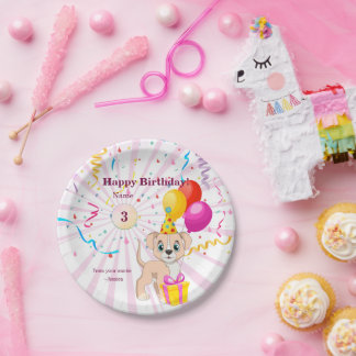 Cute Puppy Personalised Birthday Girl Paper Plate