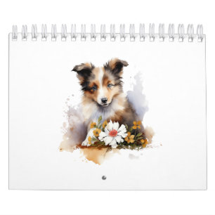 Cute Puppy Pets Watercolor Flower Calendar