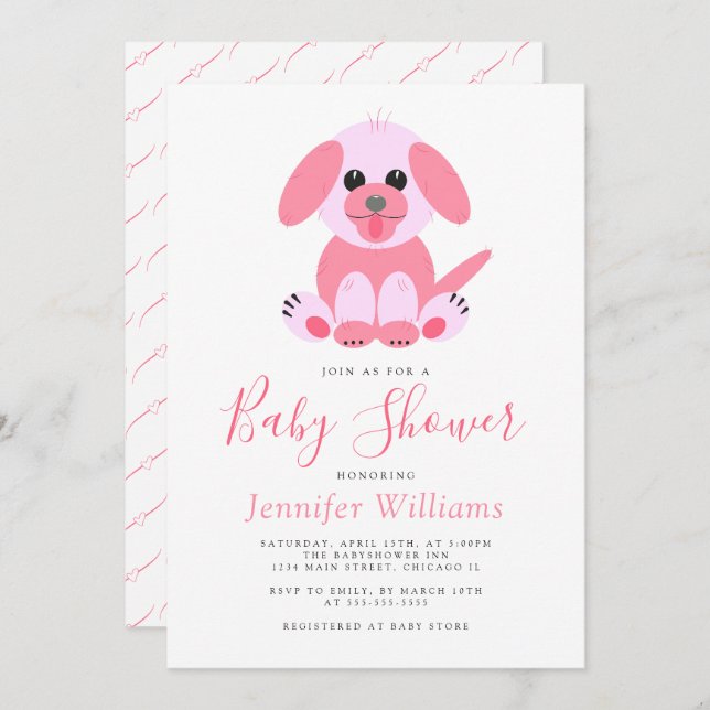 Cute Puppy Pink Personalised Baby Girl Shower  Invitation (Front/Back)