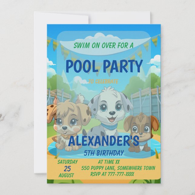 Cute Puppy Pool Party Personalised Birthday Invitation (Front)