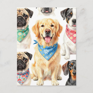 Cute Puppy Portraits Bandanna Collage Watercolor Postcard