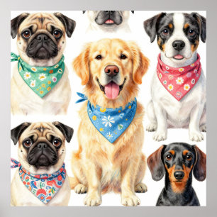 Cute Puppy Portraits Bandanna Collage Watercolor Poster