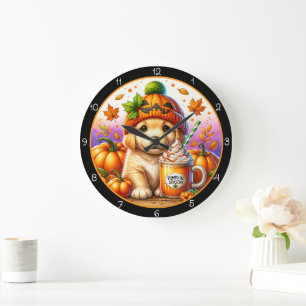 Cute Puppy Pumpkin Season Fall Theme Large Clock