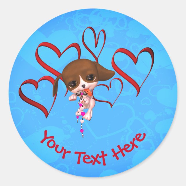 Cute Puppy Red Hearts Personalised Classic Round Sticker (Front)