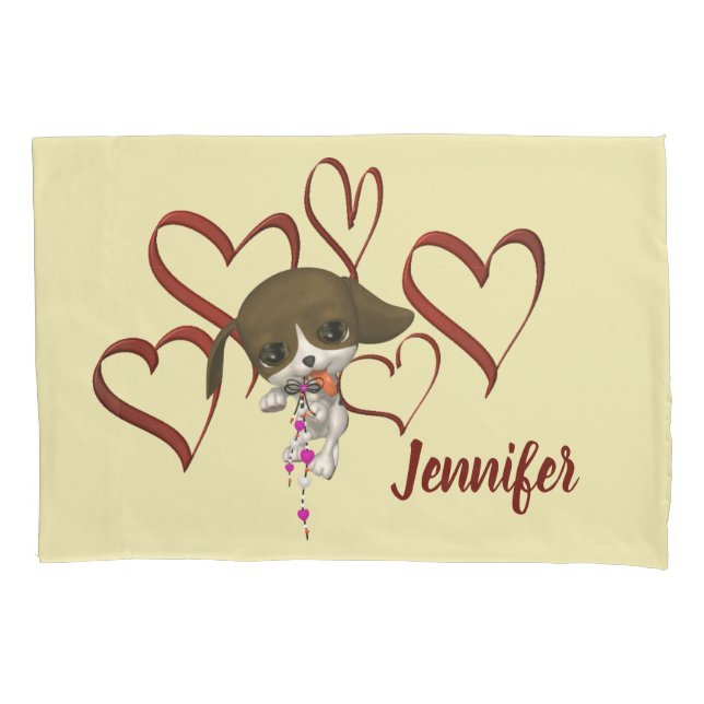 Cute Puppy Red Hearts Personalised Pillowcase (Front)
