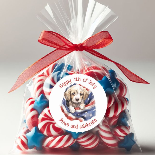 Cute Puppy Red White Blue American Flag Happy 4th  Classic Round Sticker (Cute puppy and American flag sticker.)