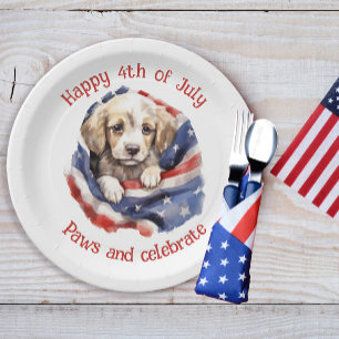 Cute Puppy Red White Blue American Flag Happy 4th  Paper Plate