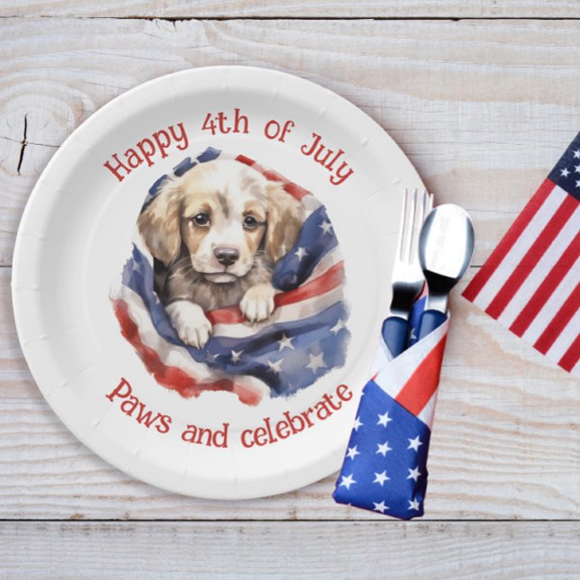 Cute Puppy Red White Blue American Flag Happy 4th  Paper Plate (American flag and cute puppy 4th of July paper plates)