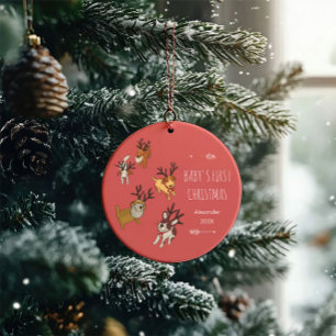 Cute Puppy Reindeer Baby’s First Christmas Ceramic Ornament