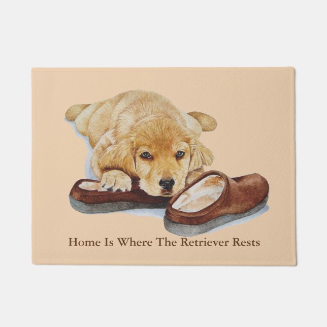 cute puppy retriever cuddling slippers sad dog doormat (Front)
