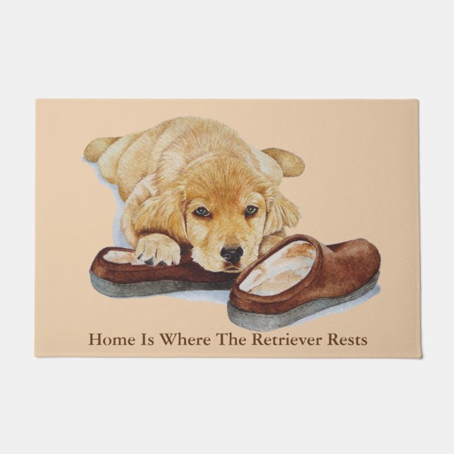 cute puppy retriever dog cuddling slippers slogan doormat (Front)