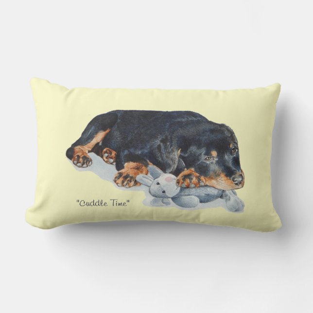 cute puppy rottweiler cuddling teddy bear lumbar cushion (Front)