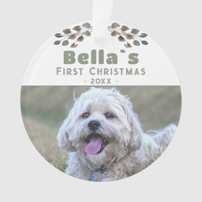 Cute Puppy`s First Christmas Dog Pet Photo Ornament (Front)