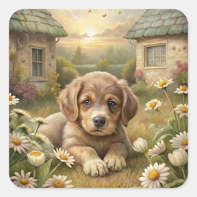 Cute Puppy Square Sticker (Front)