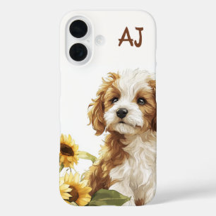 Cute Puppy Sunflowers Monogram iPhone 16 Case