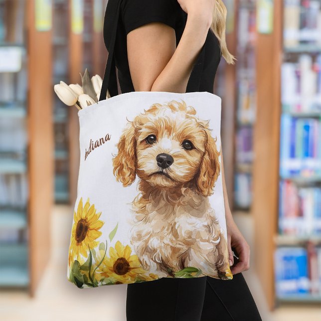 Cute Puppy Sunflowers Personalised Tote Bag (Creator Uploaded)