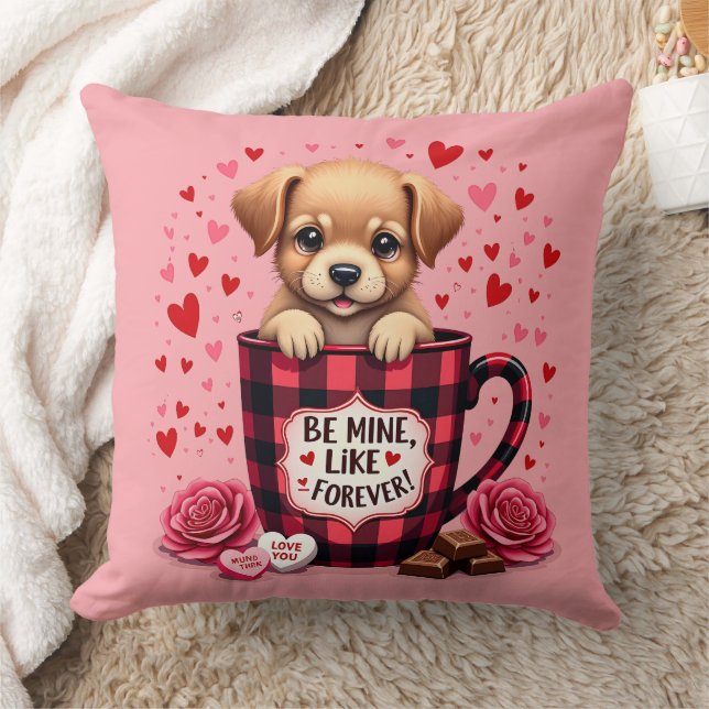 Cute Puppy Valentine Buffalo Plaid Aesthetic Cushion (Blanket)