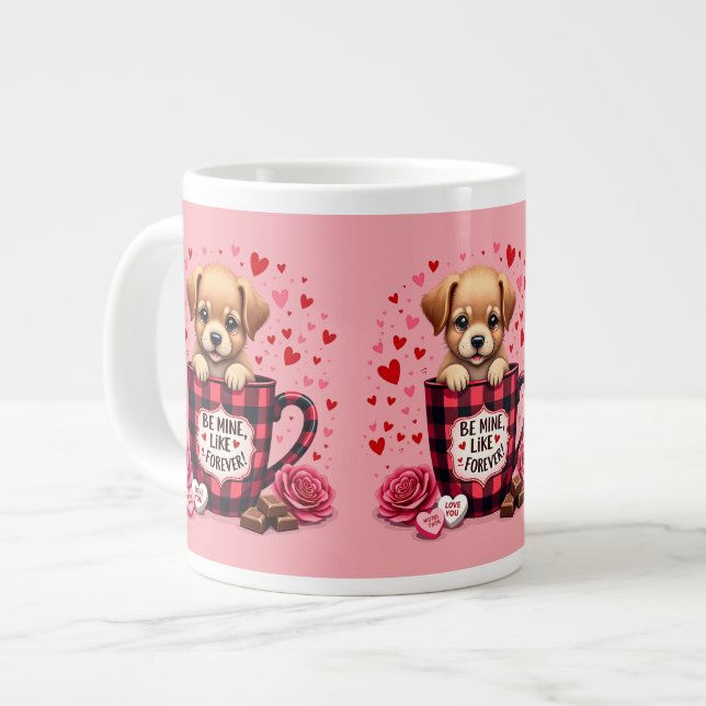 Cute Puppy Valentine Buffalo Plaid Large Coffee Mug (Front Left)